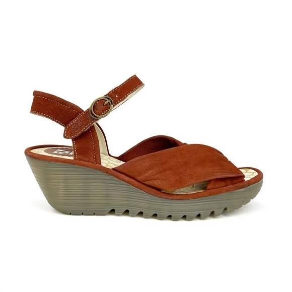 Fly London Yesh Wedge Sandals Knotted Strap Brick Rust Nubuck Leather Size 9-9.5 - Picture 3 of 13